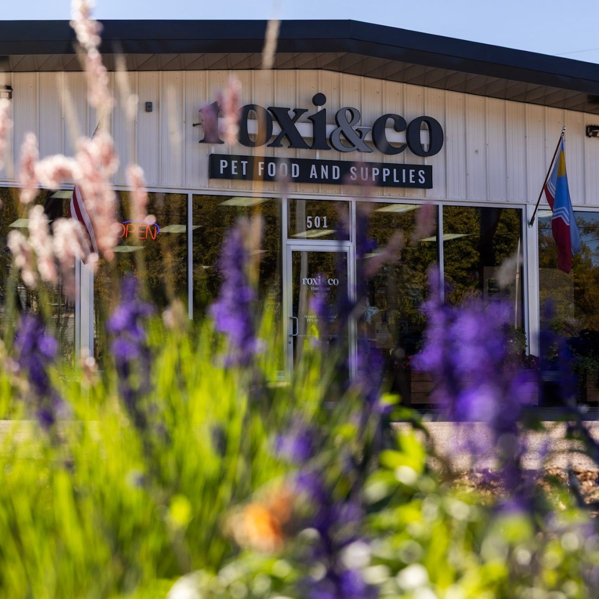 Roxi & Co storefront in Sioux Falls behind flowering plants and tall grasses.